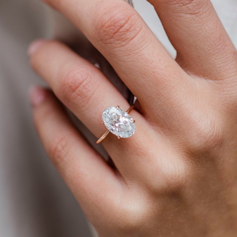 4.0ct Elongated Oval Cut Solitaire Moissanite Diamond Engagement Ring