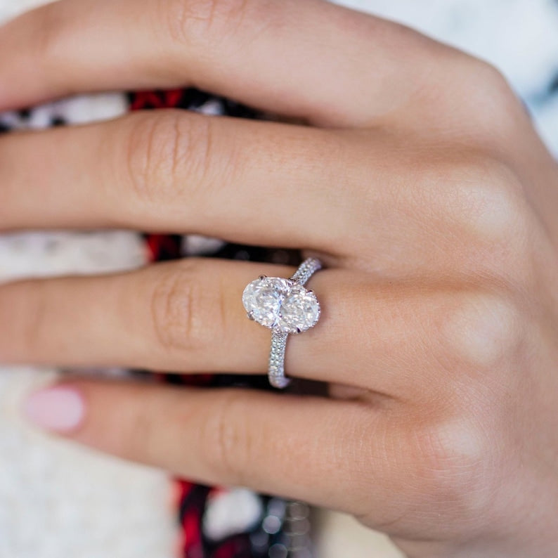 3.0ct Oval Cut Three Side Pave Diamond Moissanite Hidden Halo Engagement Ring