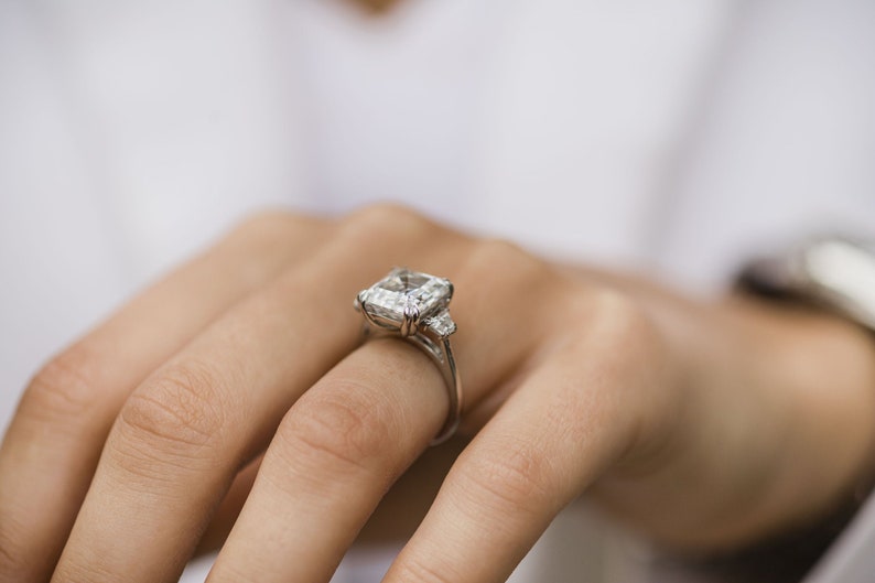 4.1ct Asscher Cut Three Stone Moissanite Diamond Engagement Ring