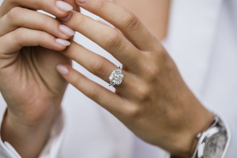 4.1ct Asscher Cut Three Stone Moissanite Diamond Engagement Ring