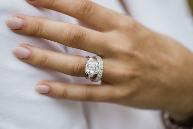 4.1ct Asscher Cut Three Stone Moissanite Diamond Engagement Ring