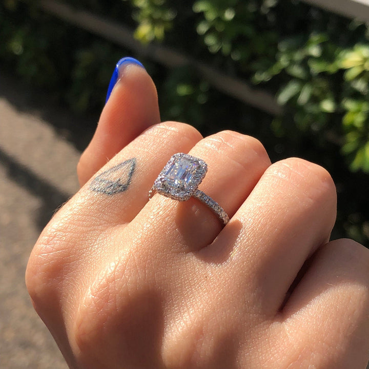 1.0 CT Emerald Cut Halo Moissanite Engagement Ring