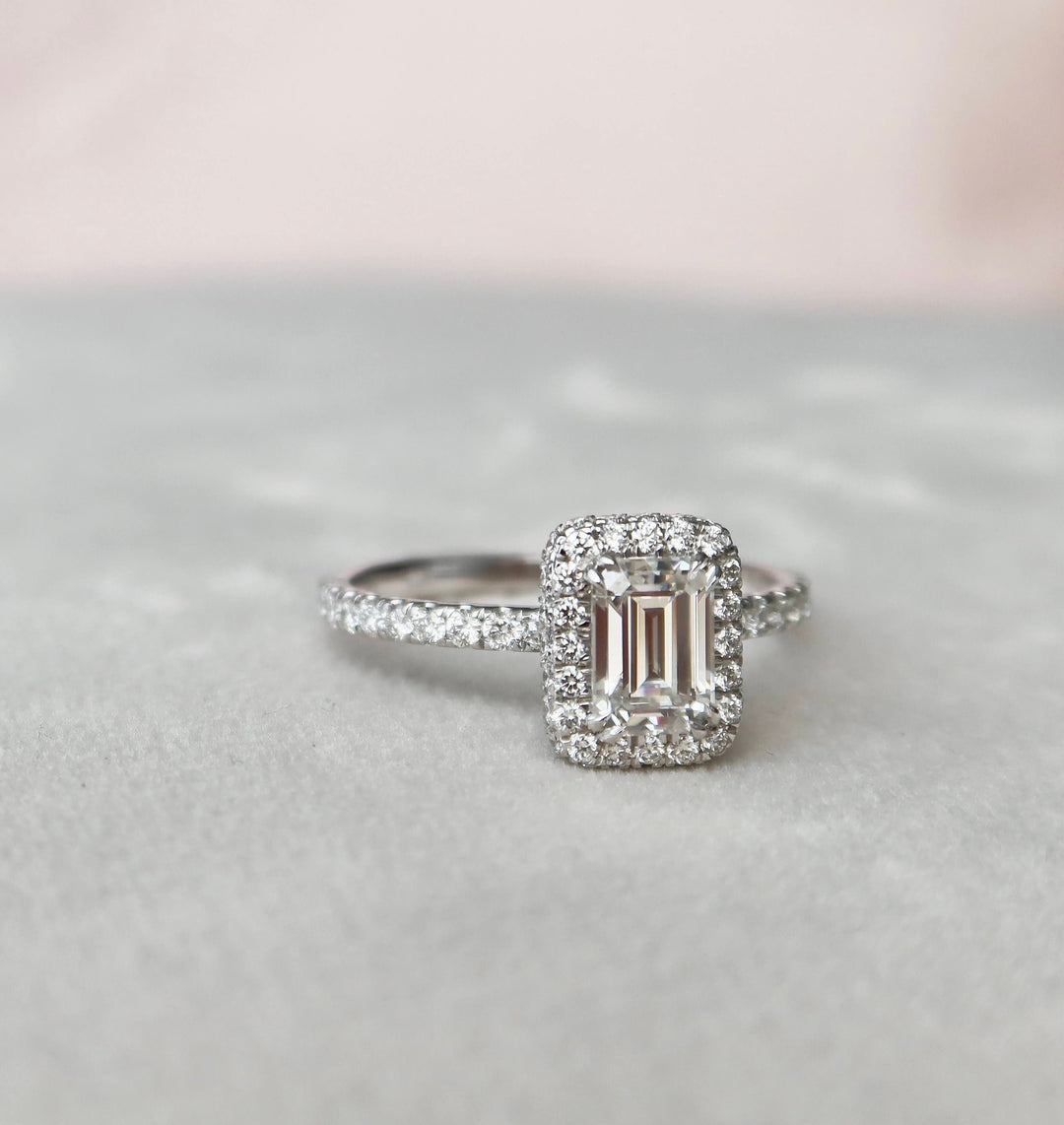 1.0 CT Emerald Cut Halo Moissanite Engagement Ring