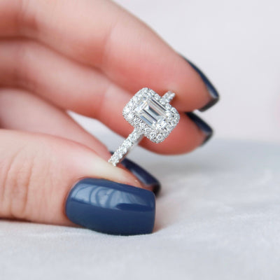 1.0CT Emerald Cut Halo Moissanite Engagement Ring