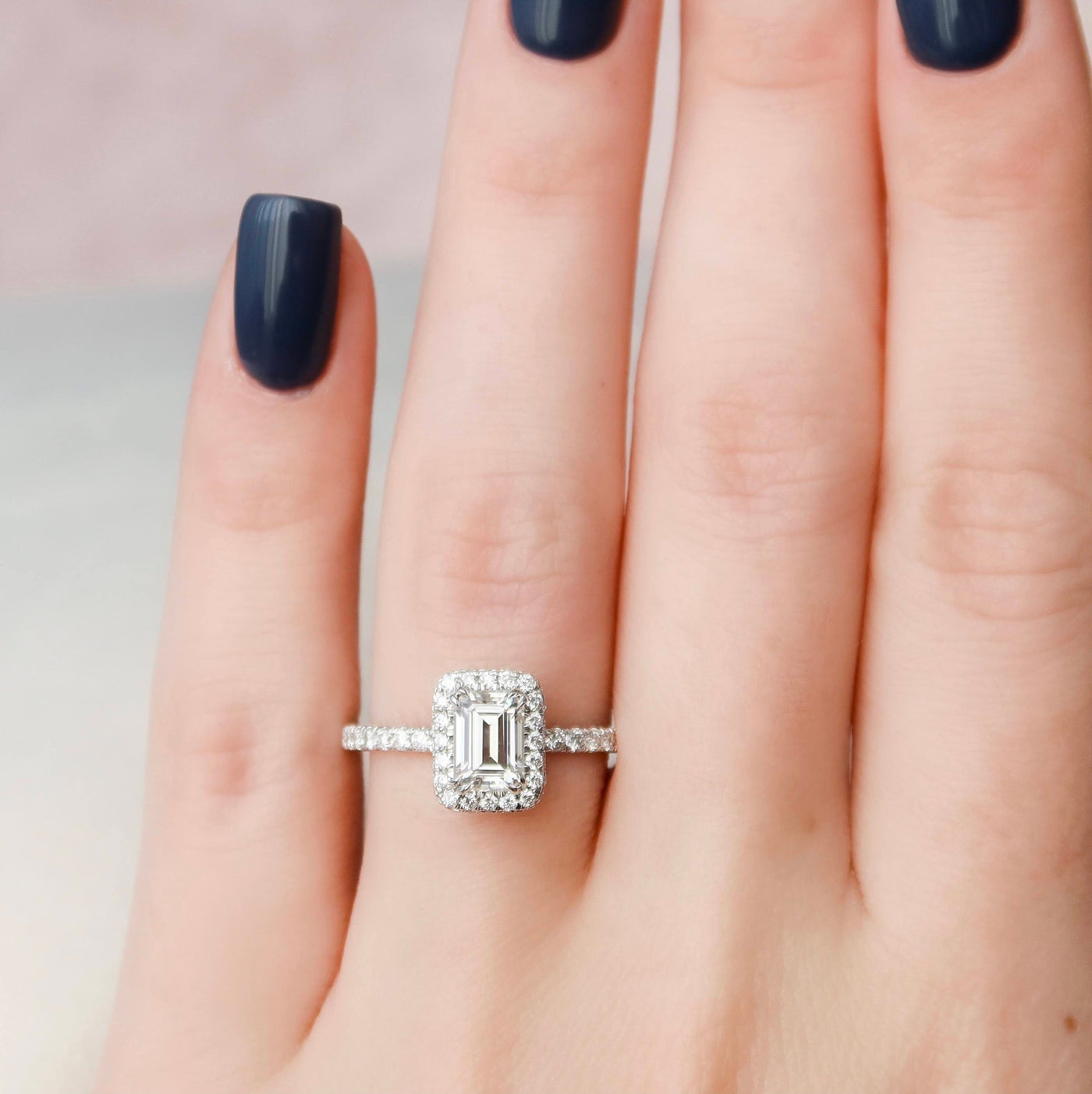 1.0CT Emerald Cut Halo Moissanite Engagement Ring