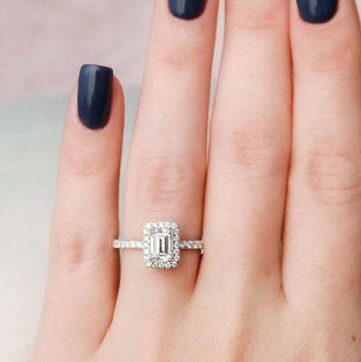 1.0CT Emerald Cut Halo Moissanite Engagement Ring