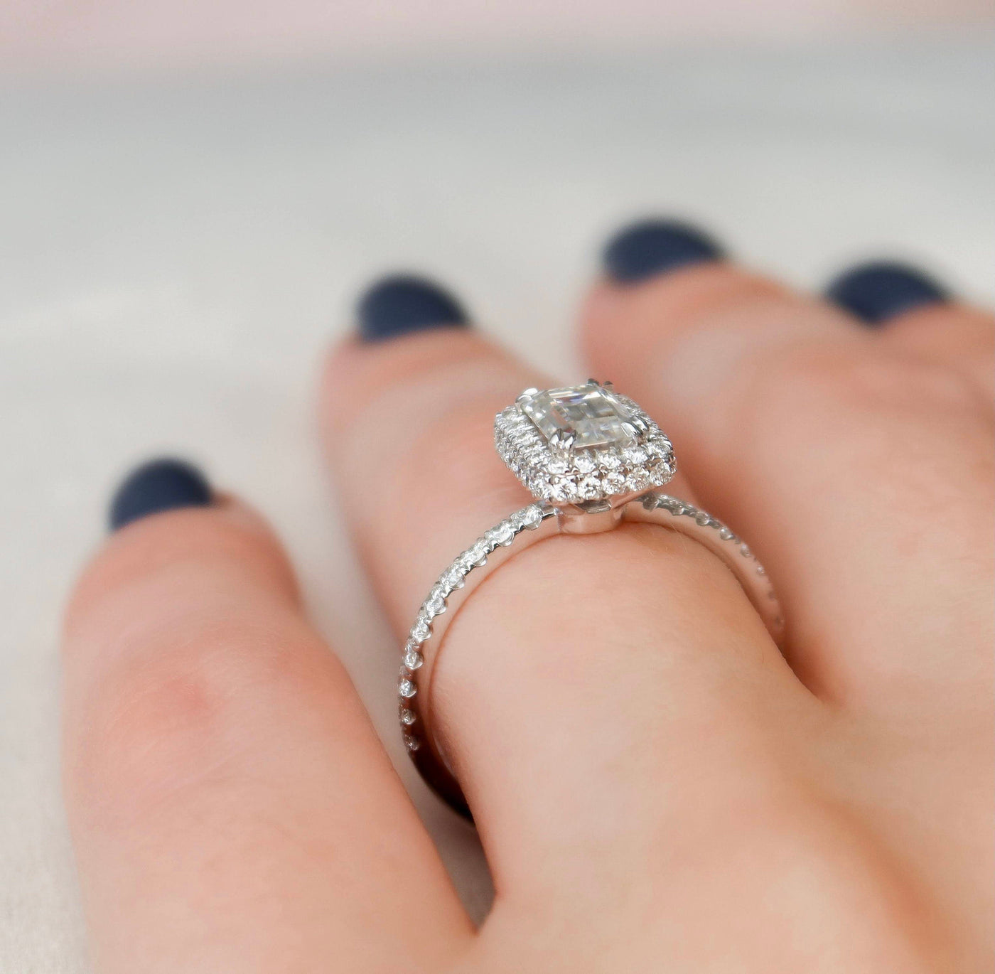1.0 CT Emerald Cut Halo Moissanite Engagement Ring