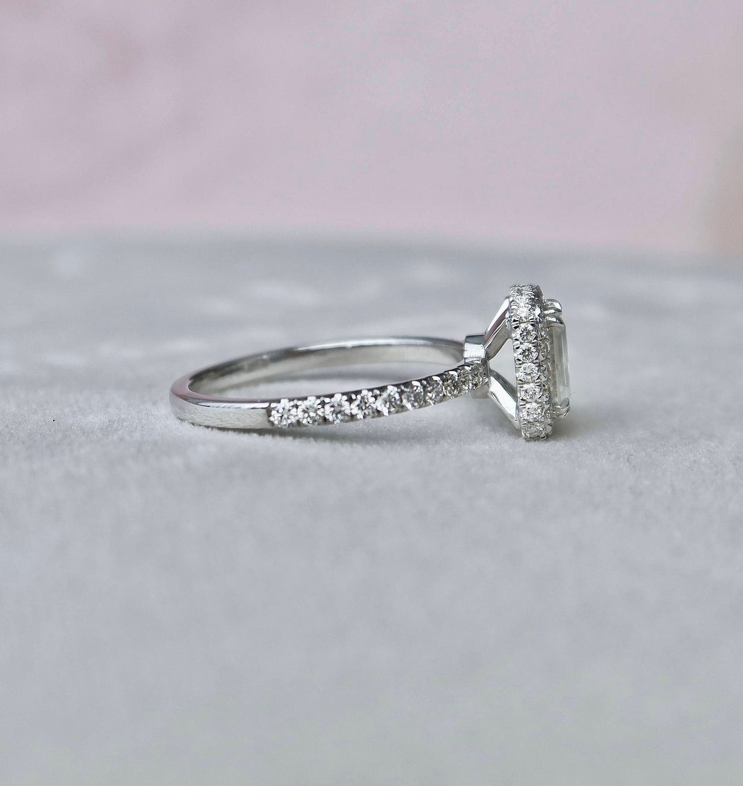 1.0 CT Emerald Cut Halo Moissanite Engagement Ring