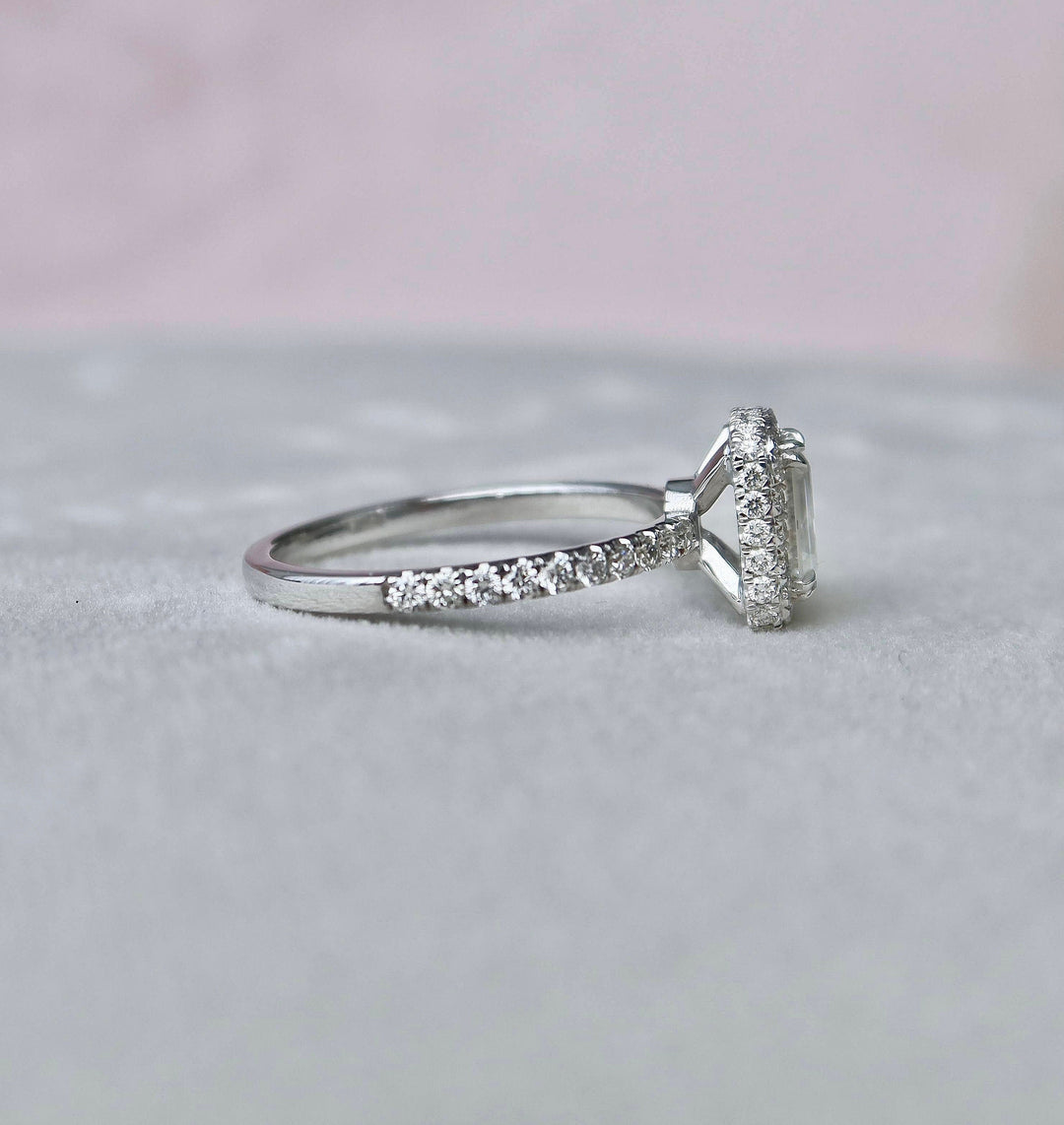 1.0CT Emerald Cut Halo Moissanite Engagement Ring