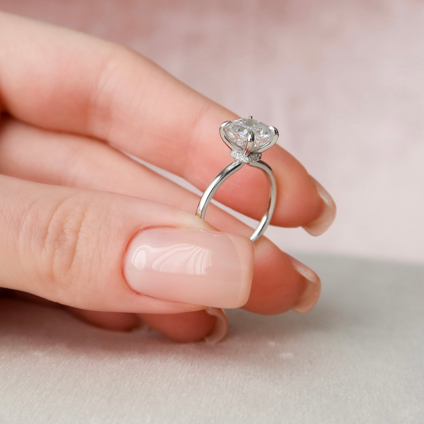 2.0CT Cushion Cut Hidden Halo Moissanite Engagement Ring