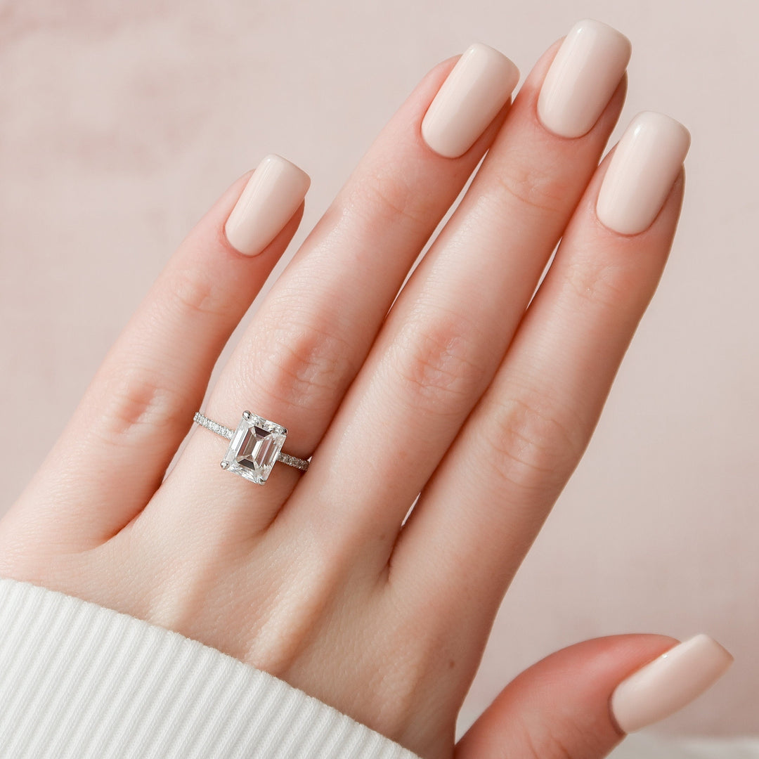 2.5 CT Emerald Cut Hidden Halo Moissanite Engagement Ring