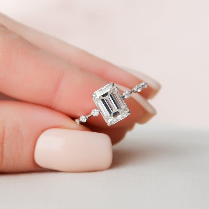 2.50CT Emerald Cut Petite Pave Moissanite Engagement Ring