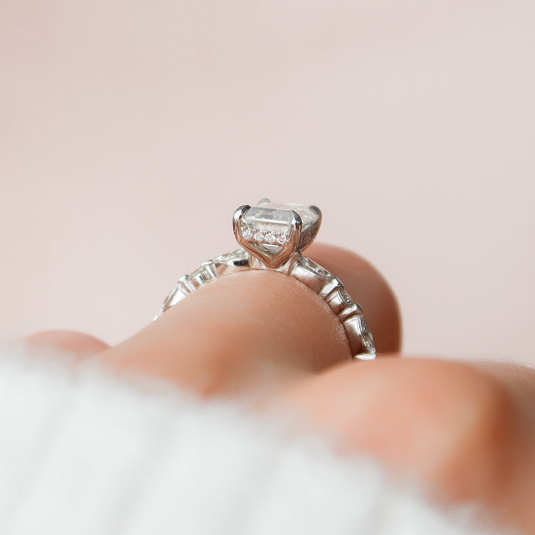 2.0CT Emerald Cut Moissanite Hidden Halo Engagement Ring