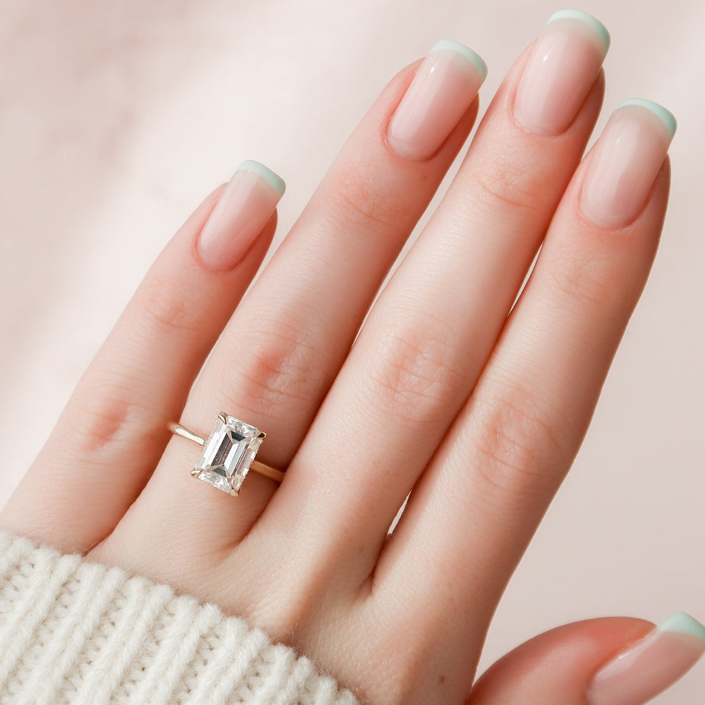 2.0CT Emerald Cut Moissanite Hidden Halo Engagement Ring