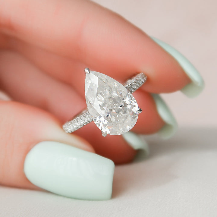 5.0CT Pear Cut Three Side Pave Moissanite Engagement Ring