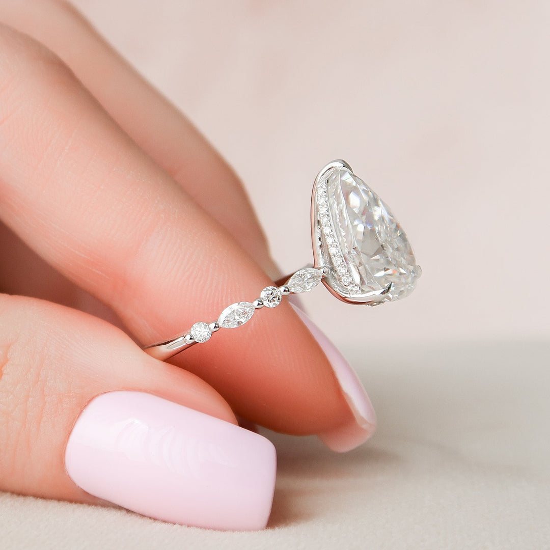 4.0CT Pear Cut Hidden Halo Moissanite Engagement Ring