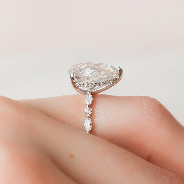4.0CT Pear Cut Hidden Halo Moissanite Engagement Ring