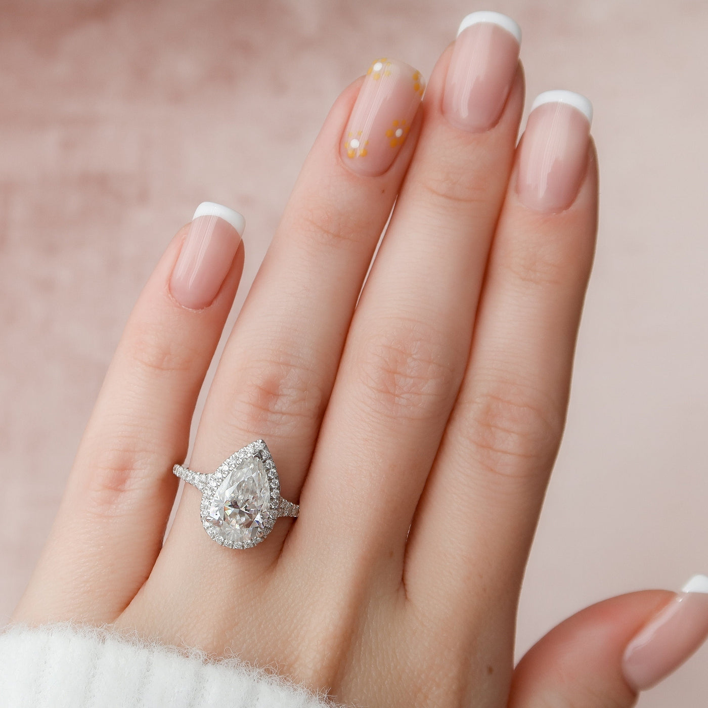 3.0CT Pear Shaped Halo Moissanite Diamond Engagement Ring