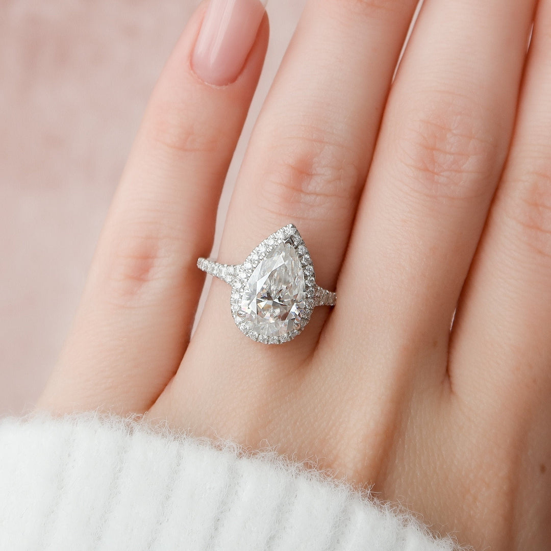 3.0CT Pear Shaped Halo Moissanite Diamond Engagement Ring