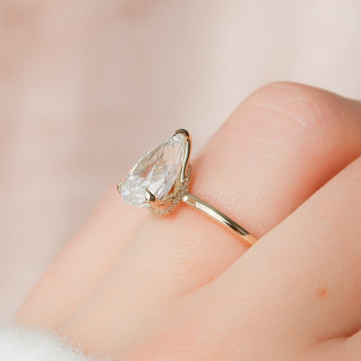2.0CT Pear Cut Hidden Halo Moissanite Engagement Ring