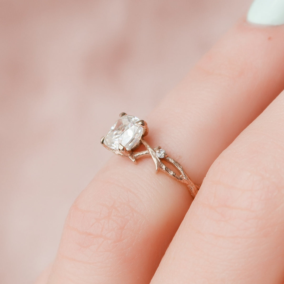 1 CT Cushion Cut Twig Branch Moissanite Engagement Ring