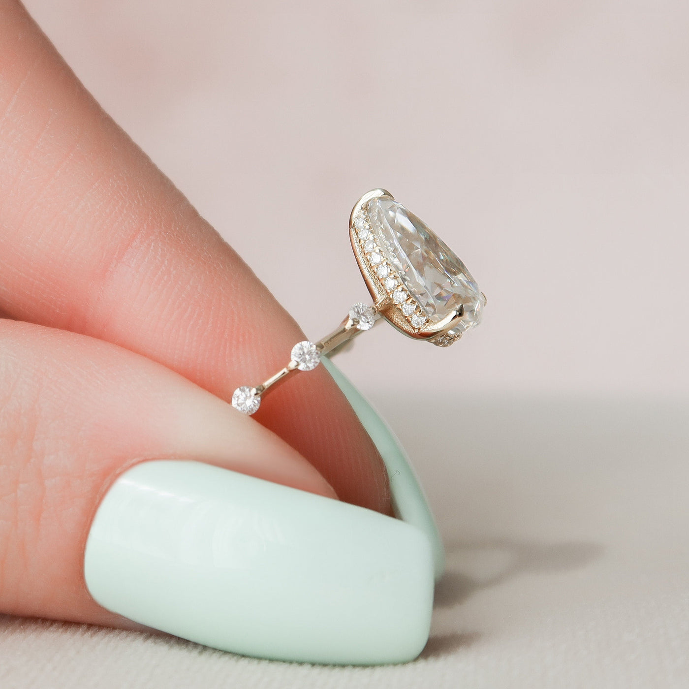 2.0CT Pear Cut Hidden Halo Moissanite Diamond Petite Pave Engagement Ring