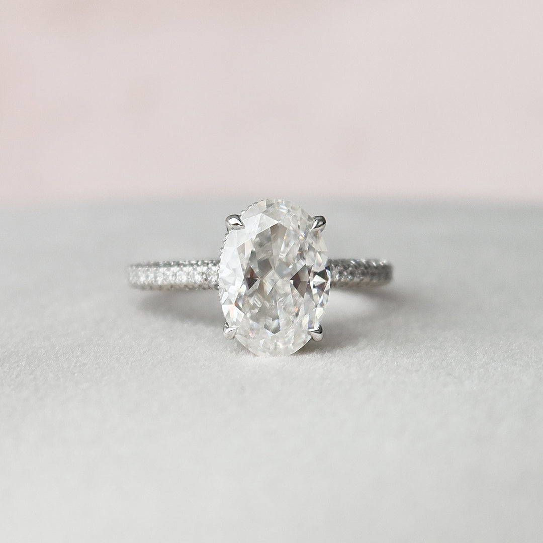 3.0CT Oval Cut Hidden Halo Moissanite Diamond Three Side Pave Engagement Ring