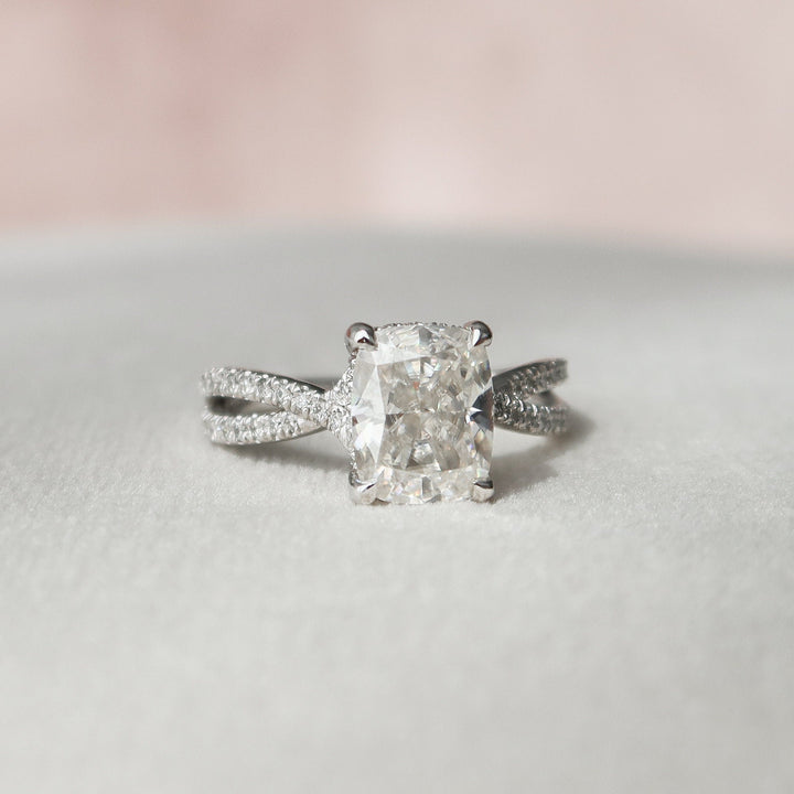 2.0CT Elongated Cushion Cut Split Shank Moissanite Diamond Hidden Halo Engagement Ring