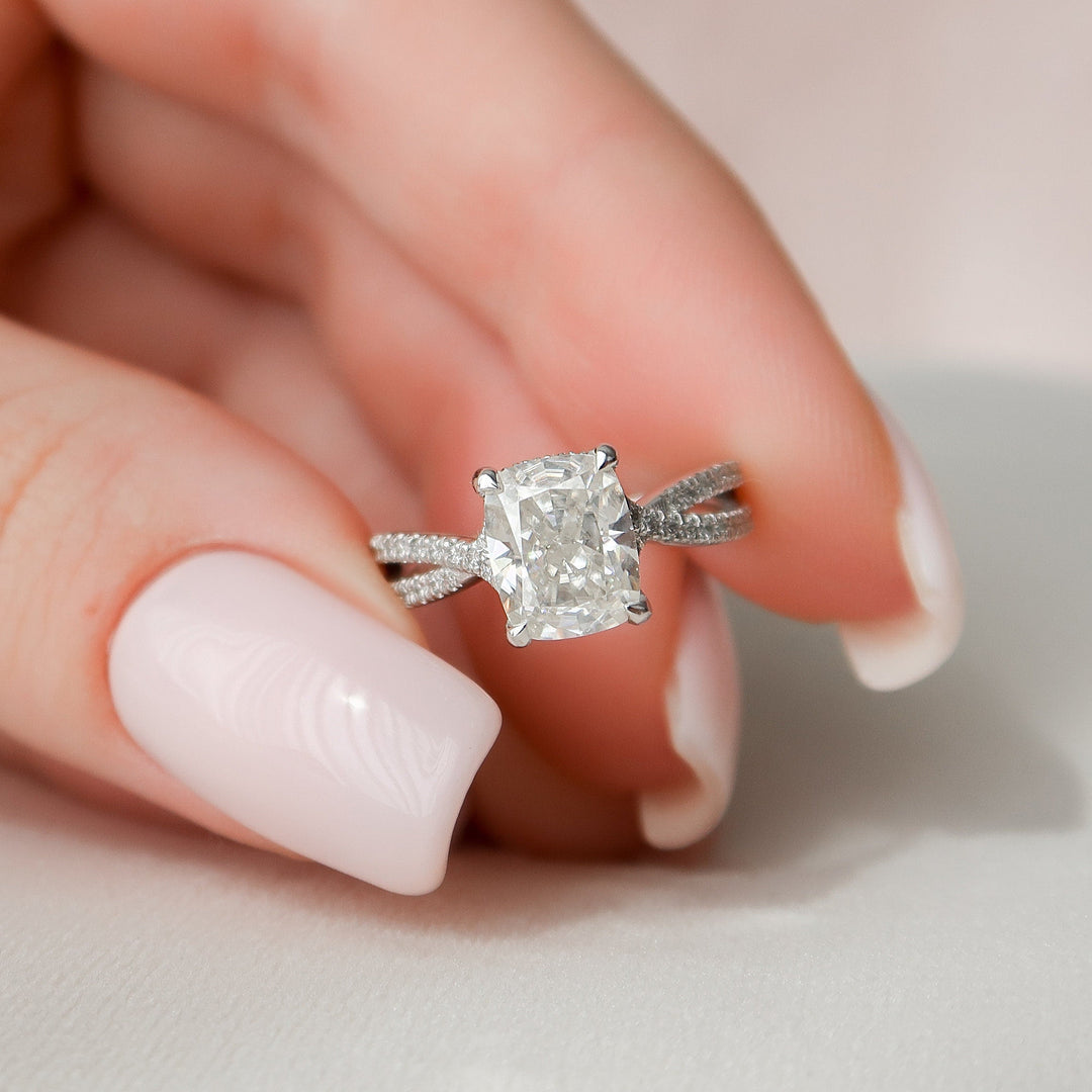 2.0CT Elongated Cushion Cut Split Shank Moissanite Diamond Hidden Halo Engagement Ring