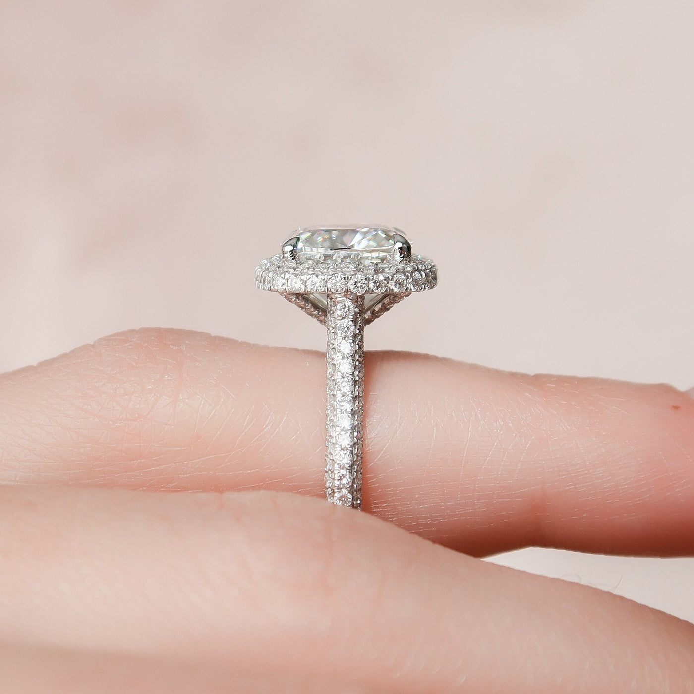 4.0CT Cushion Cut Cathedral Halo Moissanite Engagement Ring