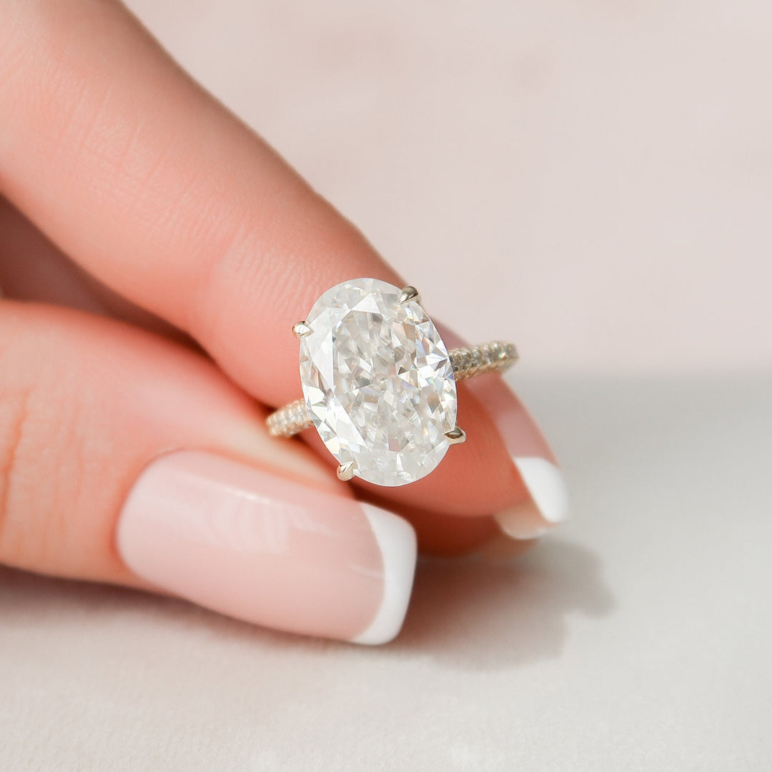 5.0CT Oval Cut Three Side Pave Moissanite Diamond Hidden Halo Engagement Ring