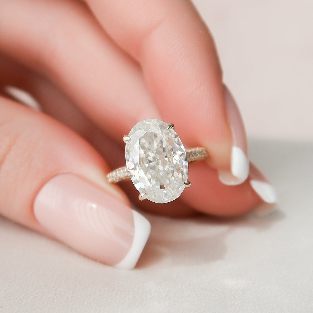 5.0CT Oval Cut Three Side Pave Moissanite Diamond Hidden Halo Engagement Ring