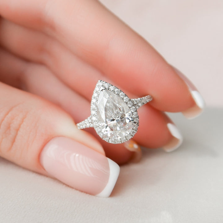3.0CT Pear Shaped Halo Moissanite Diamond Engagement Ring