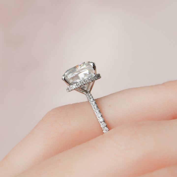4.50CT Cushion Cut Hidden Halo Moissanite Diamond Pave Engagement Ring