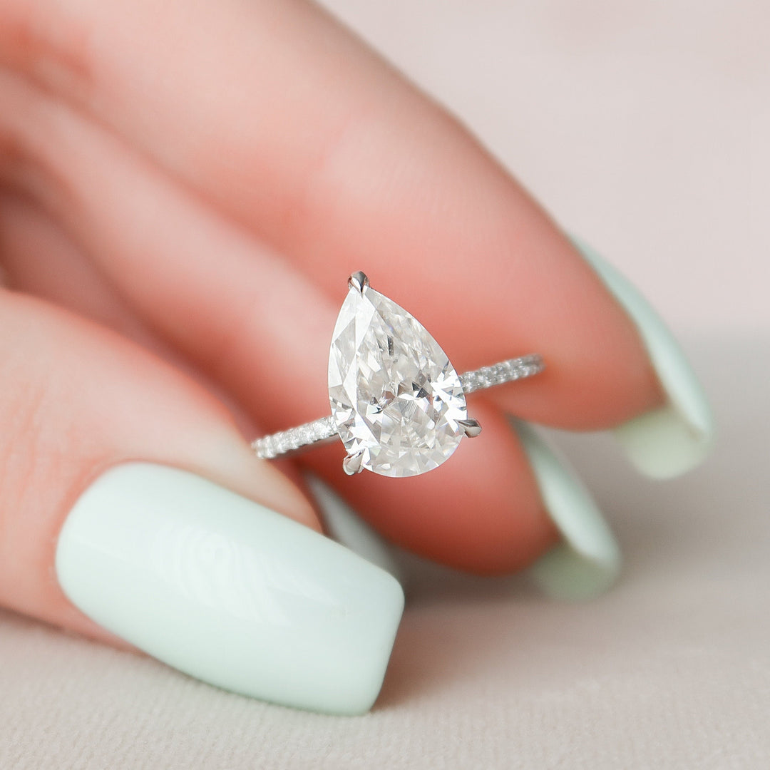 2.50CT Pear Cut Hidden Halo Moissanite Diamond Pave Engagement Ring