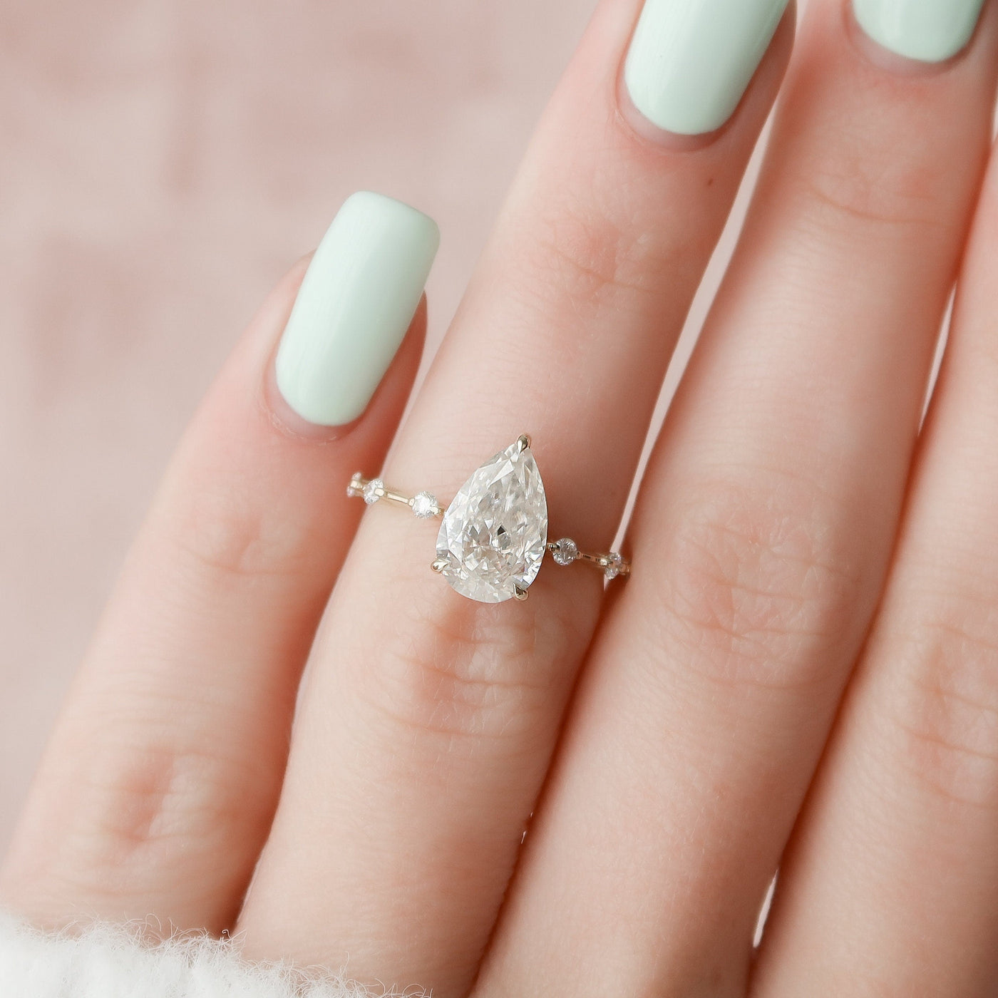 2.0CT Pear Cut Hidden Halo Moissanite Diamond Petite Pave Engagement Ring