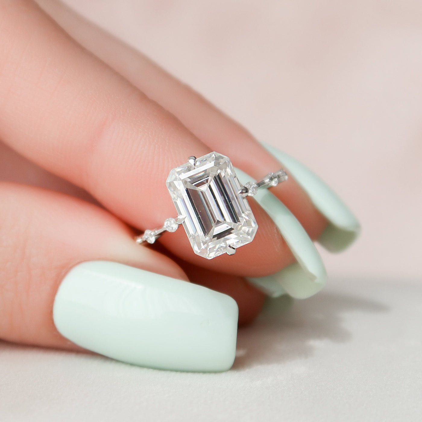 3.0CT Emerald Cut Petite Pave Moissanite Diamond Engagement Ring For Women