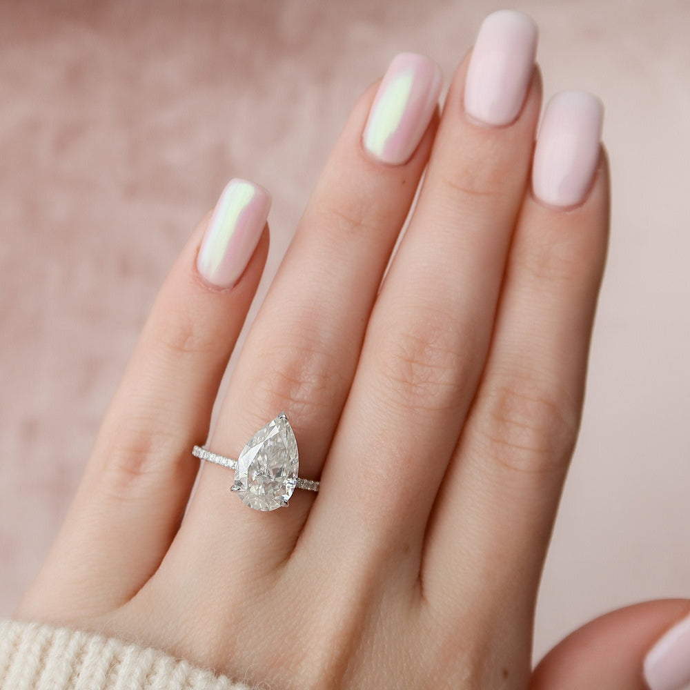 3.0CT Pear Cut Hidden Halo Moissanite Diamond Pave Engagement Ring