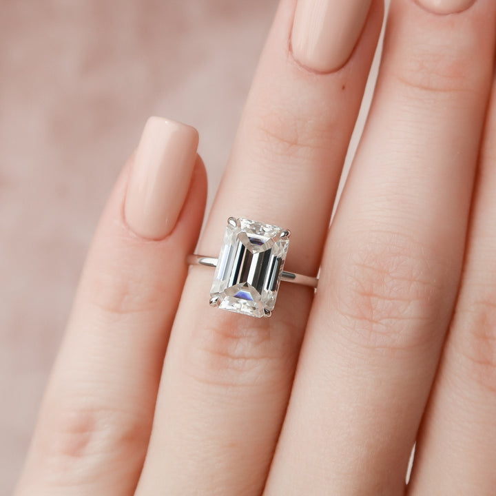 5.0CT Emerald Cut Hidden Halo Moissanite Engagement Ring