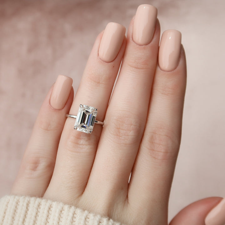5.0CT Emerald Cut Hidden Halo Moissanite Engagement Ring
