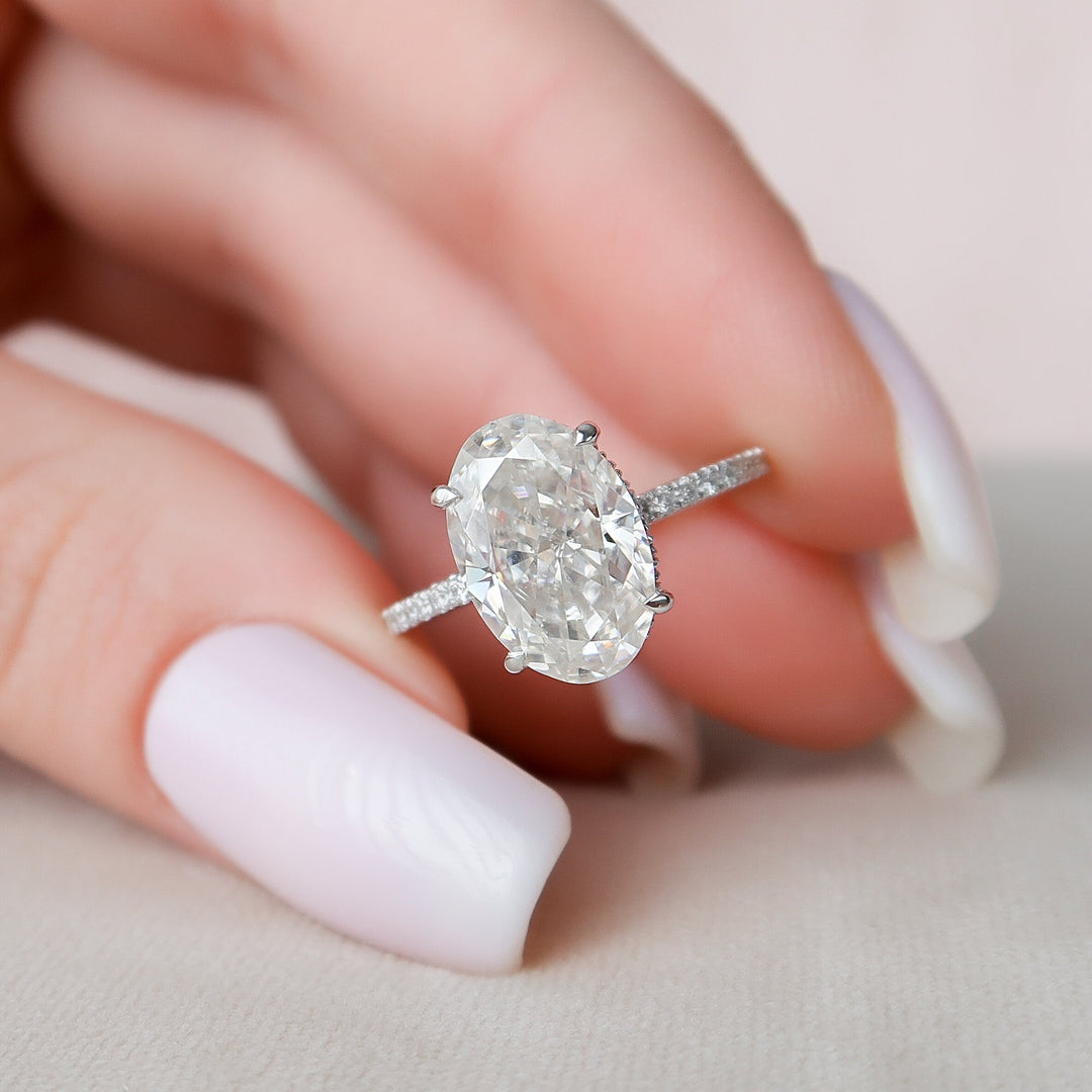 3.50CT Elongated Oval Cut Pave Moissanite Diamond Hidden Halo Engagement Ring