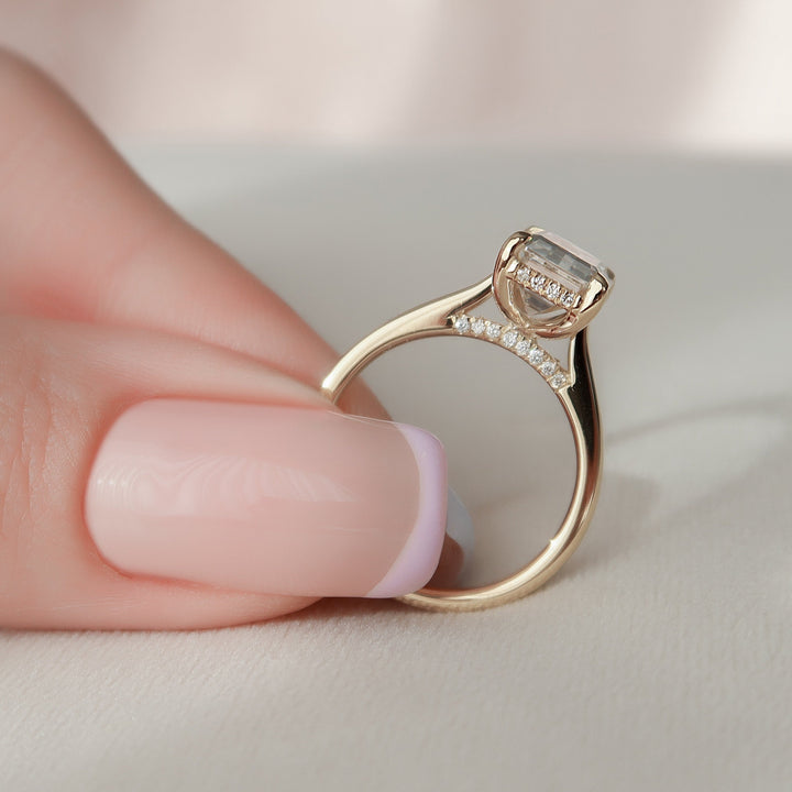 2.0CT Emerald Cut Moissanite Hidden Halo Engagement Ring