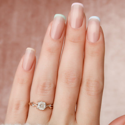 1 CT Cushion Cut Twig Branch Moissanite Engagement Ring