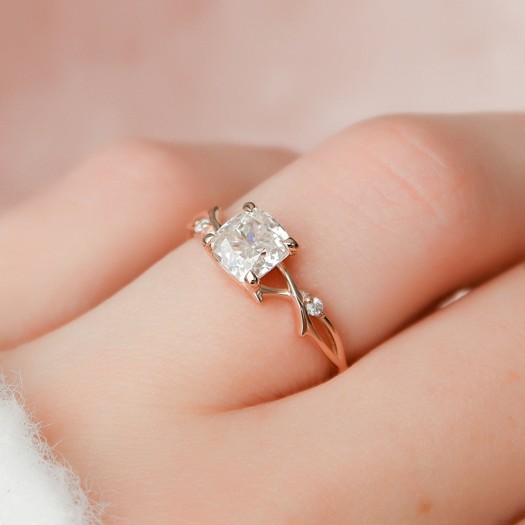 1 CT Cushion Cut Twig Branch Moissanite Engagement Ring