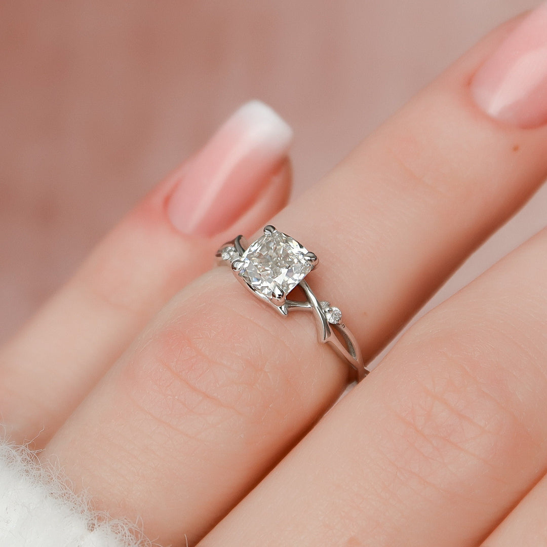 1 CT Cushion Cut Twig Branch Moissanite Engagement Ring