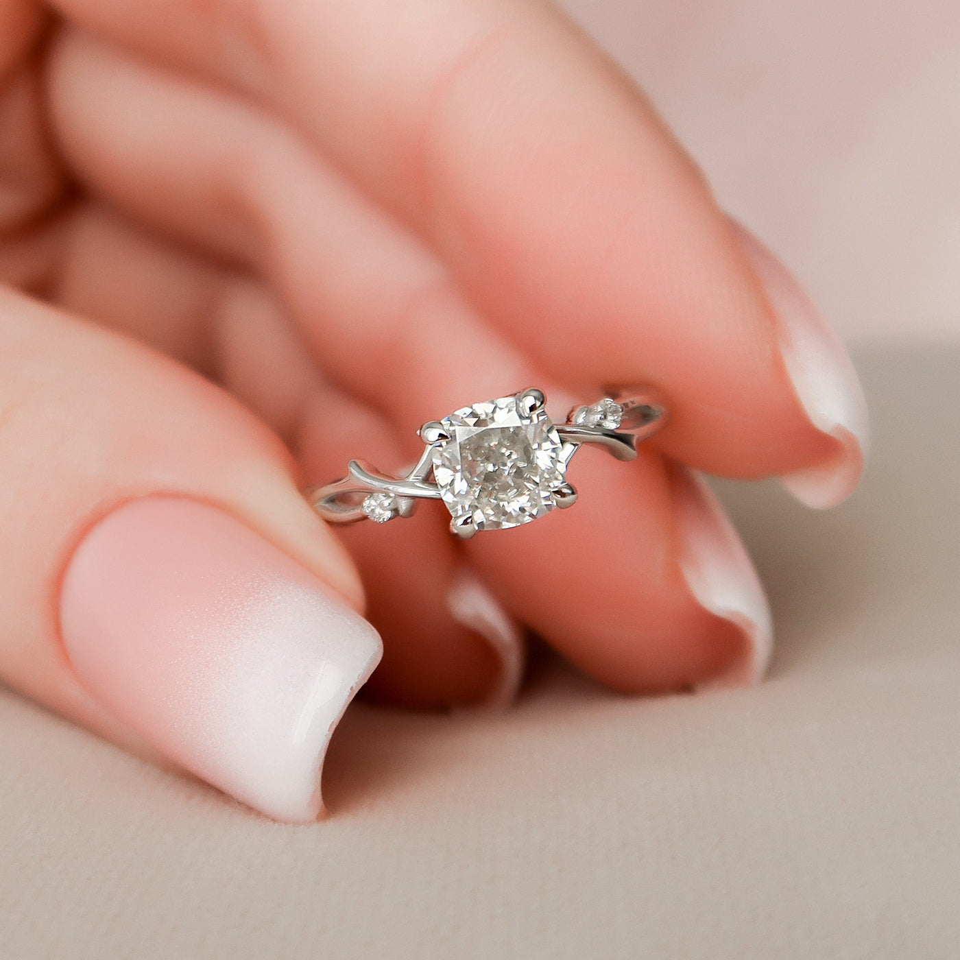 1 CT Cushion Cut Twig Branch Moissanite Engagement Ring