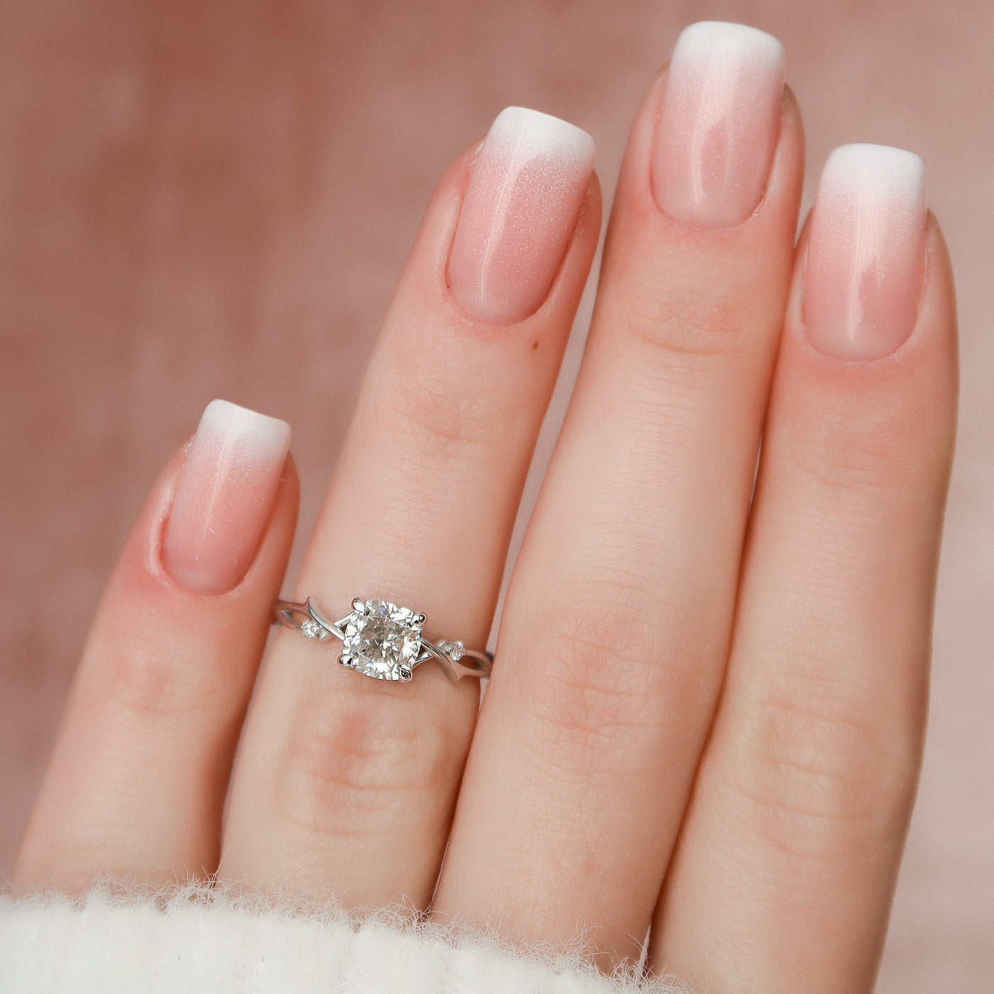 1 CT Cushion Cut Twig Branch Moissanite Engagement Ring