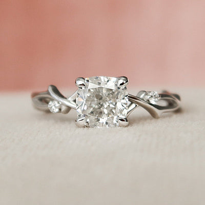 1 CT Cushion Cut Twig Branch Moissanite Engagement Ring