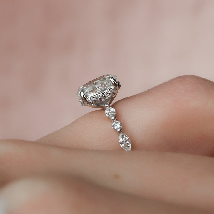 1.50CT Oval Cut Hidden Halo Moissanite Petite Pave Engagement Ring