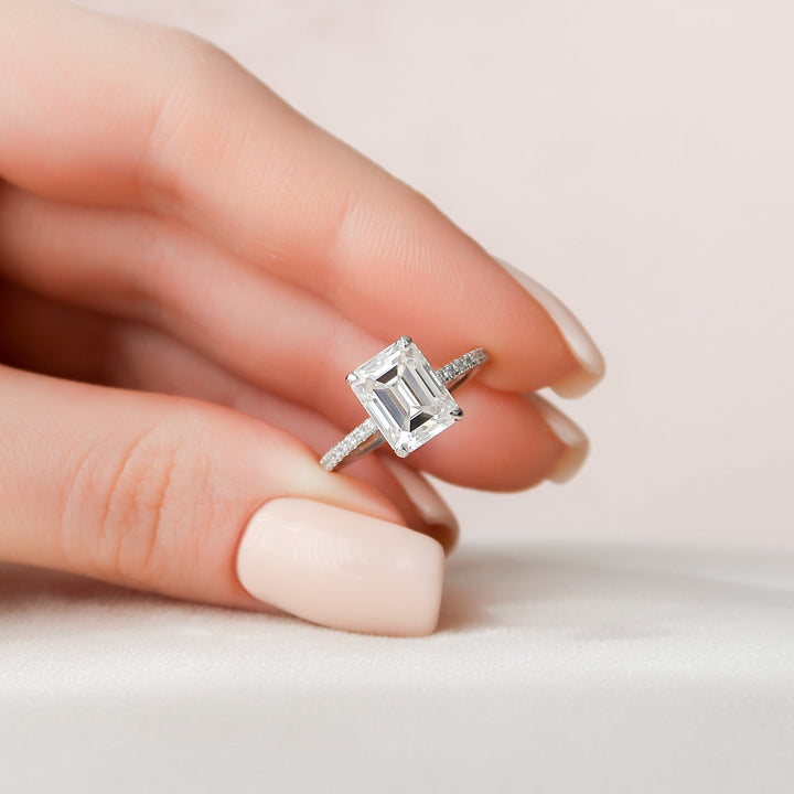 2.5 CT Emerald Cut Hidden Halo Moissanite Engagement Ring